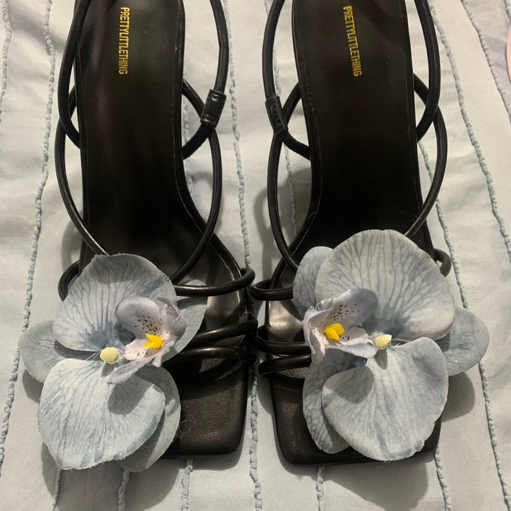 PrettyLittleThing Black Heels with Blue Floral Accent